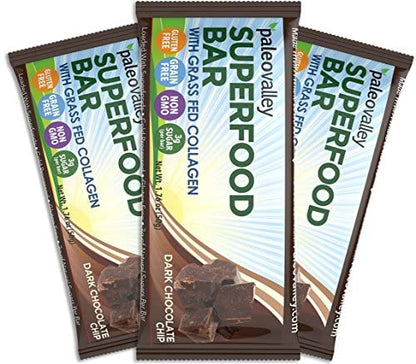 Paleovalley: Superfood Bars with Grass Fed Bone Broth Protein - Dark Chocolate Chip - 12 Bars - All Organic Ingredients with 10 Antioxidant-Rich Superfoods - No Gluten, Grains, Soy or Added Sugar