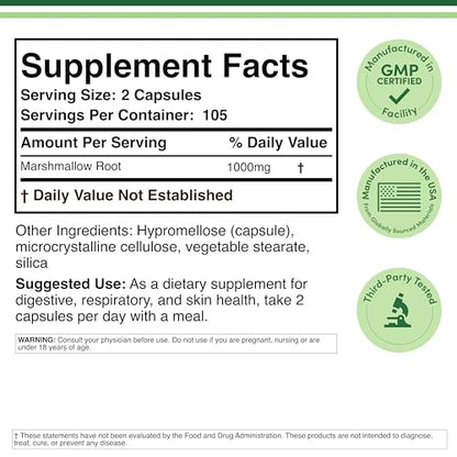 Marshmallow Root Capsules (210 Count, 1,000mg per Serving) High in Mucilage to Support Respiratory, Skin and Gut Repair (Vegan Safe, Gluten Free) by Double Wood