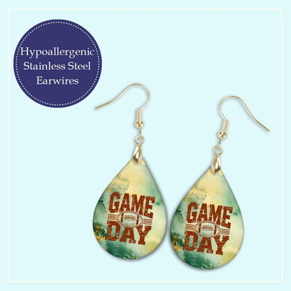 Football Gameday Earrings Green Gold Dangle Dangling Teardrop 2.25 Inches Long Lightweight Double-Sided Design Handmade by The Painted Pug