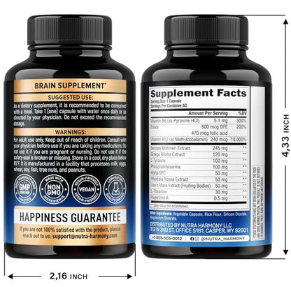 Brain Supplement for Memory & Focus 750 mg - Magnesium | L-Theanine | Bacopa Monnieri | Ginkgo Biloba | Lions Mane - 12in1 Nootropic Complex for Neuro Health - Caffeine-free - Made in USA, 60 Capsules
