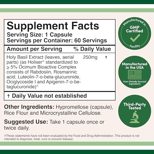 Tulsi Holy Basil Capsules (Holixer Formula) - World's Only Clinically Studied Holy Basil Leaf Extract (Clinically Shown Results After 60 Days of Use) for Mood and Relaxation by Double Wood