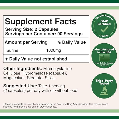 Taurine Supplement 1000mg Per Serving, 180 Capsules - Amino Acid Studied to Support a Longer, Healthier Life (Taurina) Vegan Safe, Gluten Free, Non-GMO by Double Wood