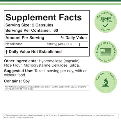 Nattokinase Supplement 4,000 FU Servings, 120 Capsules (Derived from Japanese Natto) Systemic Enzymes for Cardiovascular and Circulatory Support by Double Wood