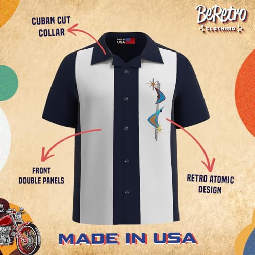 Mens Hawaiian Shirt Short Sleeve - Cuban Collar - Made in USA - Navy Atomic