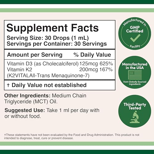 Vitamin D3 K2 5,000 IU Liquid Drops (5,000 IU of D3 and 200mcg of 99.9% All-Trans Patented K2 MK-7 (K2Vital)) Max Absorption Liquid Vitamin D Drops (30 Servings) by Double Wood