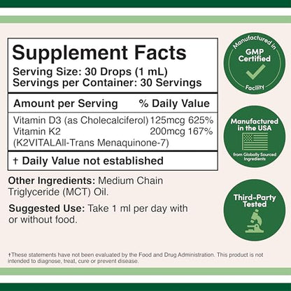 Vitamin D3 K2 5,000 IU Liquid Drops (5,000 IU of D3 and 200mcg of 99.9% All-Trans Patented K2 MK-7 (K2Vital)) Max Absorption Liquid Vitamin D Drops (30 Servings) by Double Wood