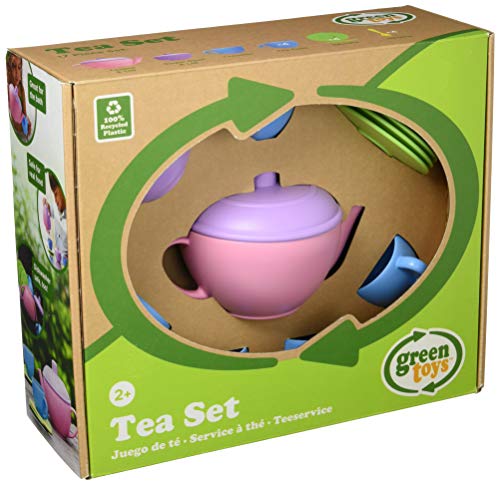 Green Toys Tea Set, Pink 4C - 17 Piece Pretend Play, Motor Skills, Language & Communication Kids Role Play Toy. No BPA, phthalates, PVC. Dishwasher Safe, Recycled Plastic, Made in USA.