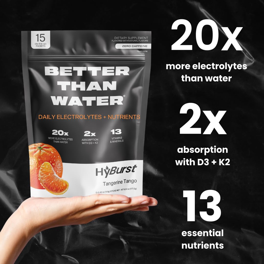 Hyburst Electrolyte & Vitamin Supplement Powder, Drink Mix with B12, L-Theanine, D3, K2, Zinc, Magnesium, Potassium, Supports Calm Focus & Energy, Tangerine Tango, 15 Pack