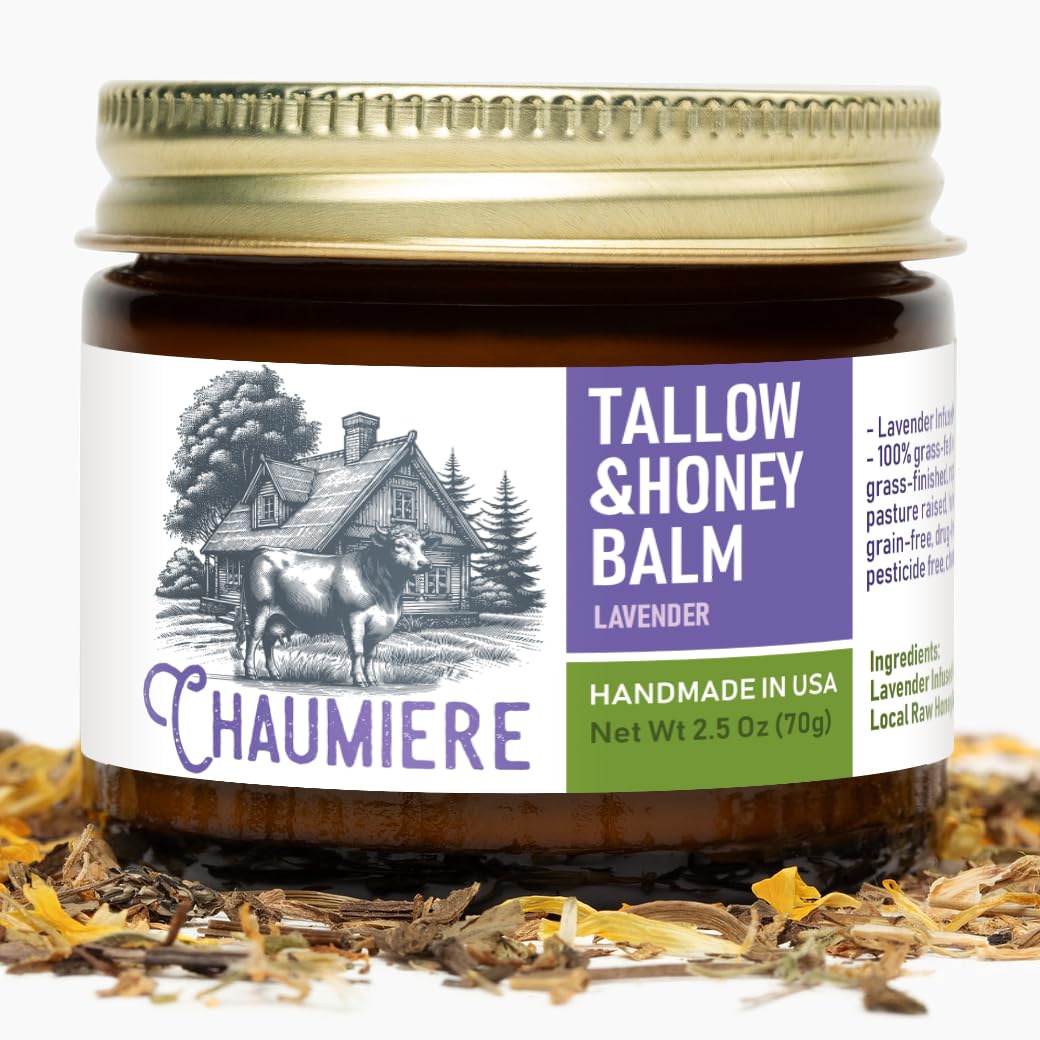 Chaumiere Organic Grass-Fed Beef Tallow and Honey balm, Face Moisturizer, Lavender, 2.5 oz