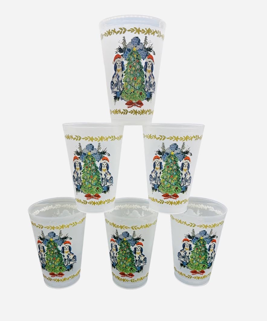 Marye-Kelley Staffordshire Dogs with Santa Hats and Christmas Tree Shatterproof 20 Oz Frosted Cups - Set of 6 Cups - BPA Free - Made in the USA Dishwasher Safe