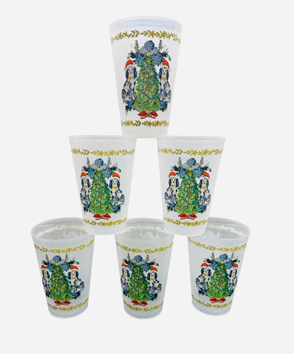 Marye-Kelley Staffordshire Dogs with Santa Hats and Christmas Tree Shatterproof 20 Oz Frosted Cups - Set of 6 Cups - BPA Free - Made in the USA Dishwasher Safe