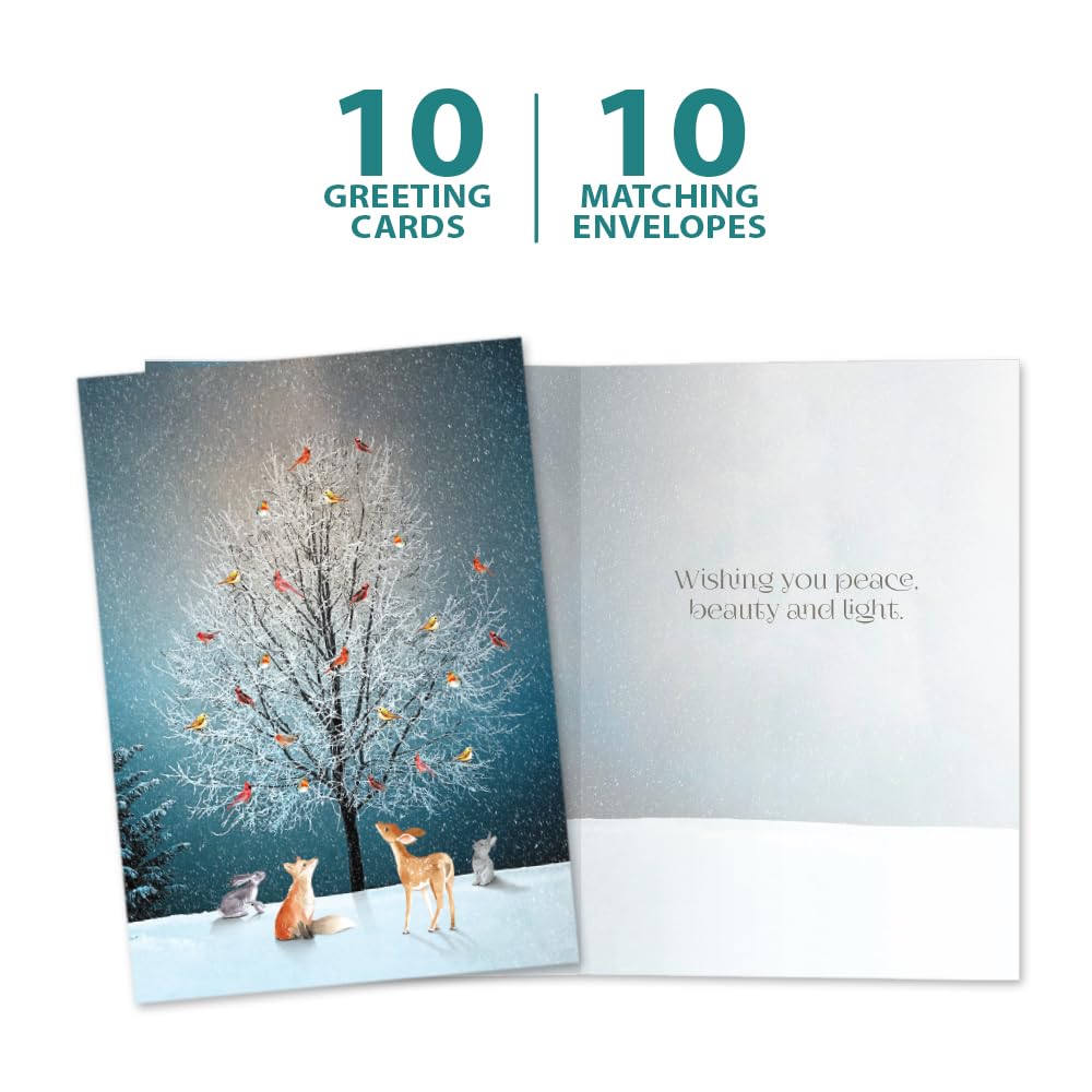 Tree-Free Greetings Bird Tree Holiday Cards - 10 Recycled 5x7 Cards & Matching Envelopes, Thick Cardstock, Made in USA - Magical Woodland Celebration