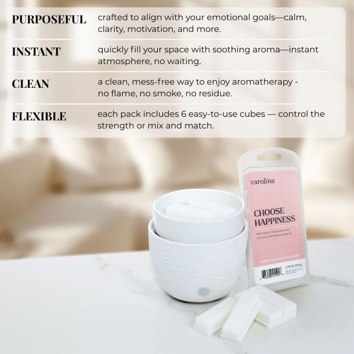Carolina Choose Happiness Scented Wellness Wax Melts, Wax Melt Warmer Cubes, Long Lasting Scented Wax Warmer Cubes, 4 Pack, 6 Cubes Each - Made in The USA