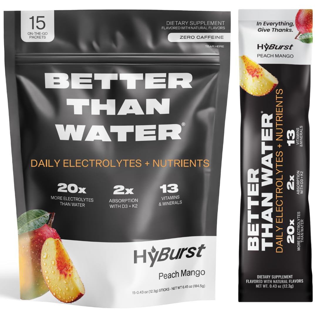 Hyburst Electrolyte & Vitamin Supplement Powder, Drink Mix with B12, L-Theanine, D3, K2, Zinc, Magnesium, Potassium, Supports Calm Focus & Energy, Peach Mango, 15 Pack