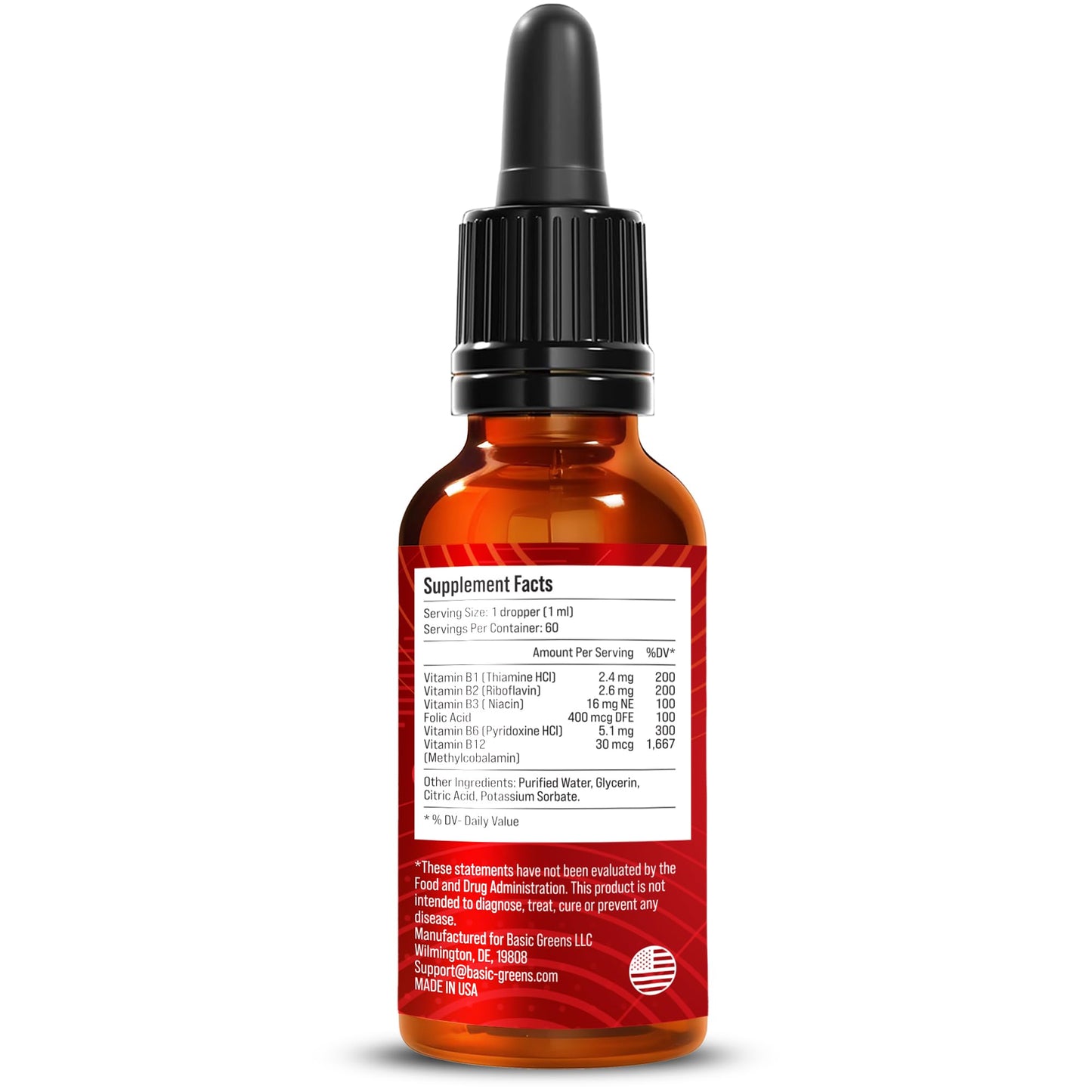 BASIC GREENS Vitamin B Complex Liquid Drops - Strength Sublingual Formula, Maximizes Absorption & Boosts Energy - B1, B2, B3, B5, B6, B7, B9, B12 - Natural Vegan Supplement for Immunity (B Complex)