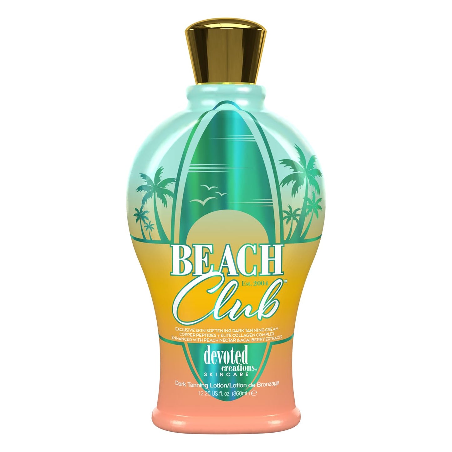 Devoted Creations Beach Club - Exclusive Skin Softening Copper Peptides + Elite Collagen Banking Complex with Peach Nectar & Acai Berry Extracts Indoor/Outdoor Dark Tanning Lotion