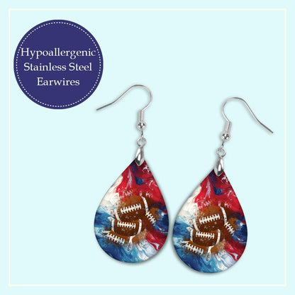 Football Dangle Earrings Teardrop Sports School Team Spirit Fan Jewelry for Women Handmade by The Painted Pug (Football RWB)