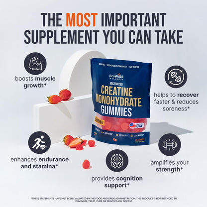 EcoWise Wellness Creatine Monohydrate Gummies 5000 mg, Fresh Strawberry Flavor, 120 Sugar-Free Vegan Chews, Creatine Supplement for Daily Routine