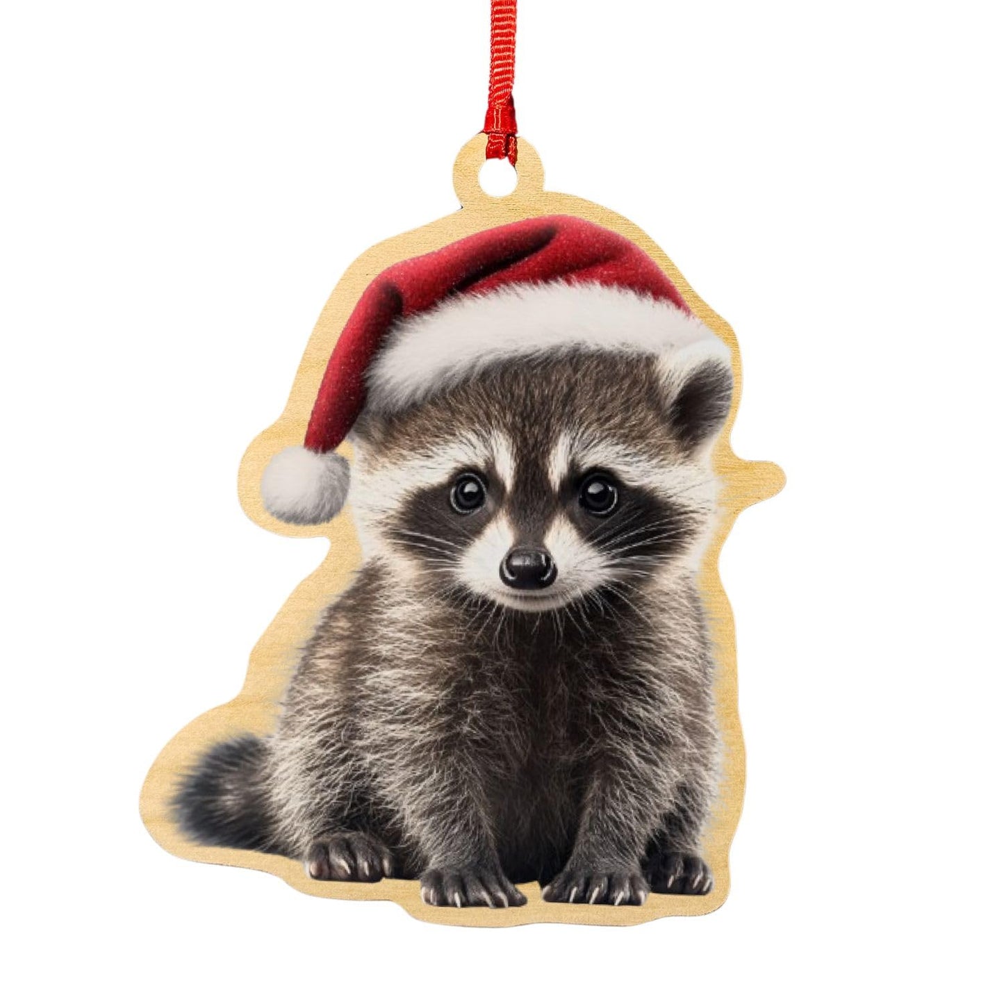 Raccoon with Santa Hat Birch Ornament – Cute Woodland Animal Design – Christmas Tree Decoration – Holiday Decor – Made in The USA