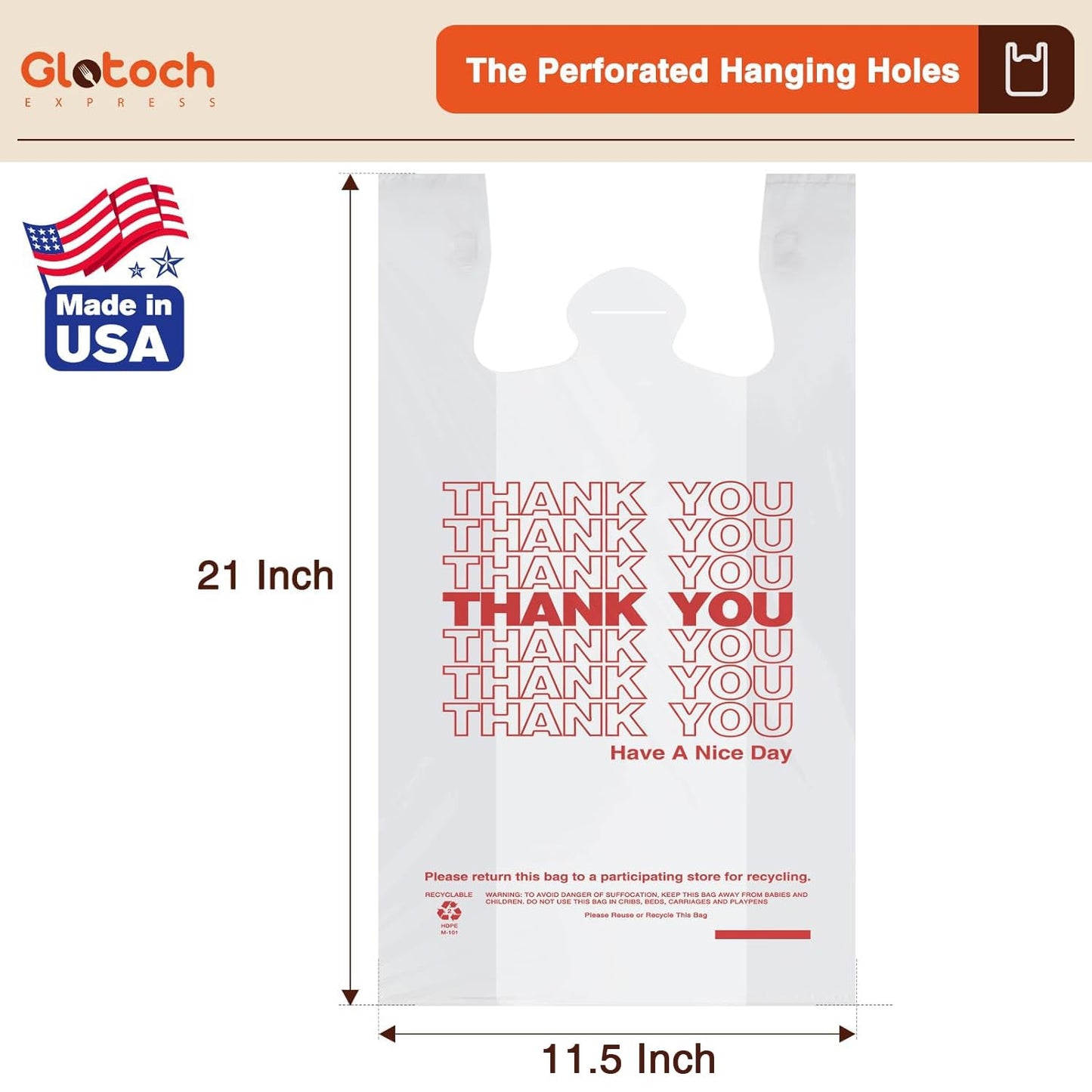 Glotoch Plastic Thank You Bags 1000 Count, 11.5" x 6.5" x 21" White Grocery Bags with Handles for Restaurant, Retail, Grocery Store, Takeout, Convenience Stores, T-shirt Shopping Bag in Bulk