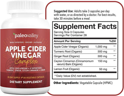 Paleovalley Apple Cider Vinegar Complex with Superfoods - Turmeric, Ginger, Ceylon Cinnamon and Lemon - 84 Vegetable Capsules