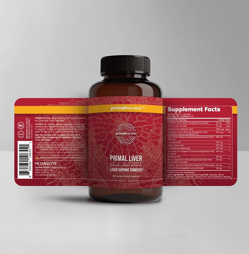 Primal Harvest Primal Liver Liver Supplement with, Alpha-Lipoic Acid, L-Cysteine HCL, L-Glutathione, Milk Thistle, and Spirulina, for Men and Women, 120 Capsules
