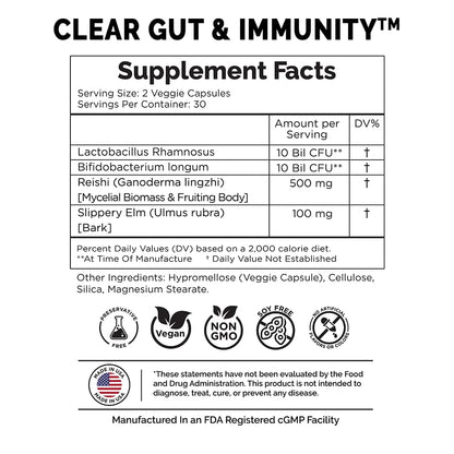 Probiotic for Digestive Health & Gut Immunity - Slippery Elm & Reishi Mushroom Supplement Supercharged with Two Probiotic Strains to Help Balance The Gut Microbiome (60 Count - 1 Month Supply)
