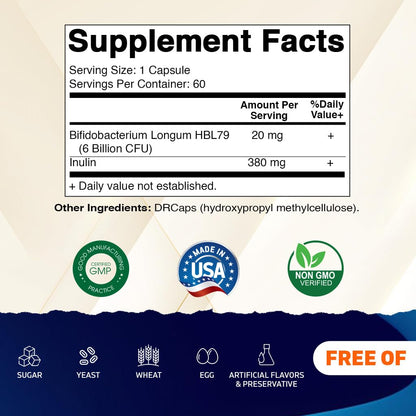 Vitamatic Bifidobacterium Longum 6 Billion CFU per DR Capsule - 60 Count - Promotes Intestinal Health - Made with Prebiotic Inulin Fiber