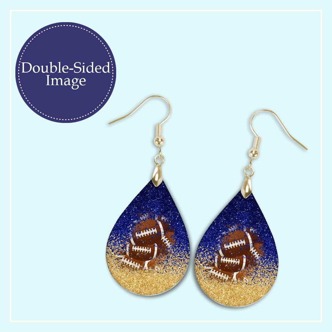 Football Dangle Earrings Blue & Gold Faux Glitter Teardrop Sports School Team Spirit Fan Jewelry Gift for Women Handmade by The Painted Pug (Blue and Gold Faux Glitter)