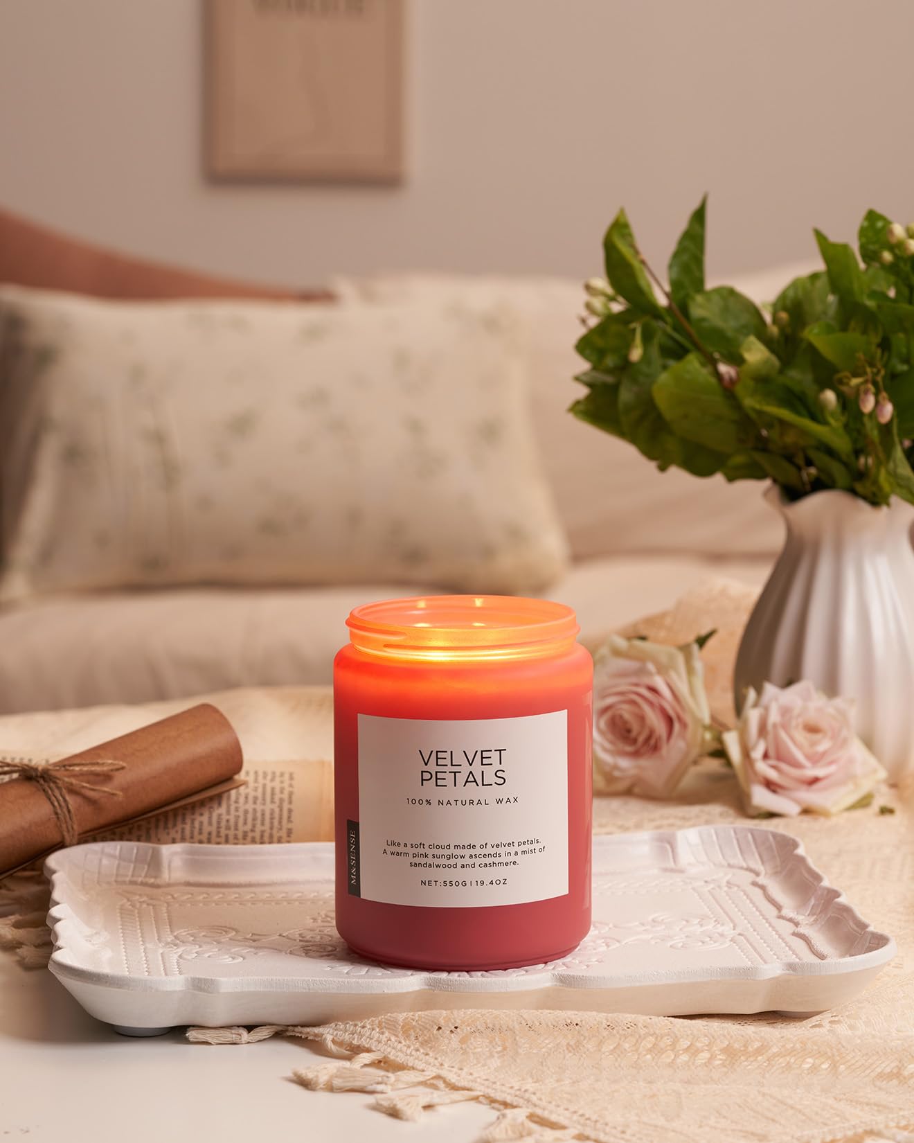 M&SENSE Velvet Petals Large Soy Candles for Home Scented, Organic Natural Soy Wax 19.4oz 110 Hour Long Lasting, Luxury Floral Scented Candle Gifts for Women