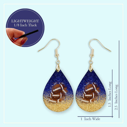 Football Dangle Earrings Blue & Gold Faux Glitter Teardrop Sports School Team Spirit Fan Jewelry Gift for Women Handmade by The Painted Pug (Blue and Gold Faux Glitter)