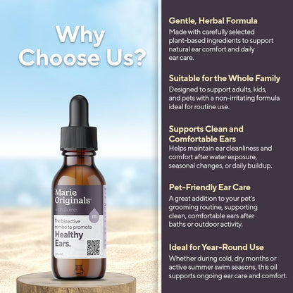Marie Originals Natural Ear Oil Drops | Mullein Garlic Oil Ear Drops for Infection Prevention, Herbal Ear Ache Drops for Adults, Kids & Pets, Soothes Ear Pain & Wax Removal, Earache Remedies (1 Pack)