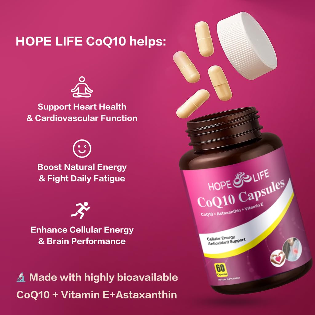 HOPE LIFE Coenzyme Q10 Supplements - 2X Better Absorption, Cellular Energy Support with Astaxanthin and Vitamin E, Antioxidant for Heart Health & Energy Production, 1 Month Supply, 60 Capsules