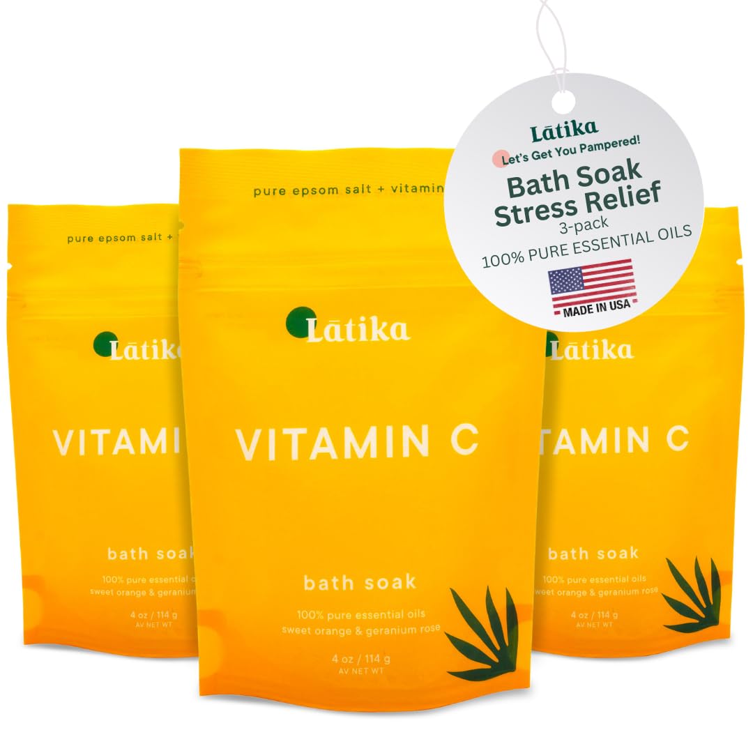 Latika Soaks Set of 3 - Vitamin C Bath Soaks with Sweet Orange and Geranium Rose - Moisturizing Epsom Salt Soaks for Stress Relief, Detox, and Antioxidant Skincare - at Home Spa Retreat