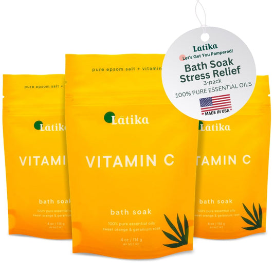 Latika Soaks Set of 3 - Vitamin C Bath Soaks with Sweet Orange and Geranium Rose - Moisturizing Epsom Salt Soaks for Stress Relief, Detox, and Antioxidant Skincare - at Home Spa Retreat
