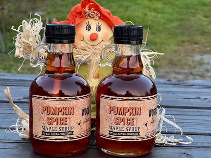 WOOD'S Pumpkin Spice Maple Syrup – Small-Batch Vermont Maple Syrup Infused with Cozy Fall Spices | Natural, Vegan Sweetener for Coffee, Pancakes, Baking & More | 8.45 Fl Oz (250mL)