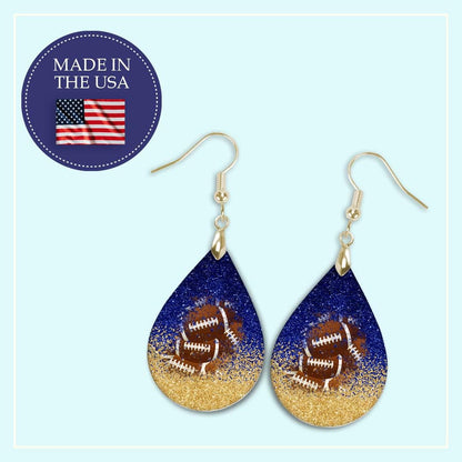 Football Dangle Earrings Blue & Gold Faux Glitter Teardrop Sports School Team Spirit Fan Jewelry Gift for Women Handmade by The Painted Pug (Blue and Gold Faux Glitter)