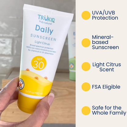 TruKid Daily Mineral Sunscreen SPF 30 - All Natural Kids & Baby Sunscreen for Face & Body, Non-Toxic Zinc Oxide Sunblock Protection for Sensitive Skin, Light Citrus, FSA Eligible, Travel Size 3.4oz