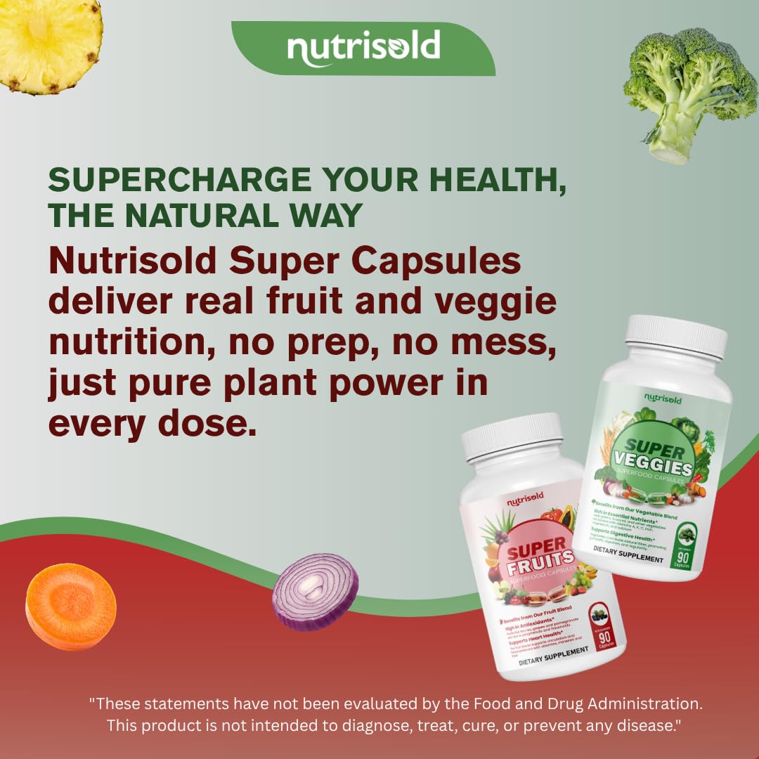 Nutrisold Fruits & Veggies Supplement – Packed with 30+ Whole Food Superfoods – Supports Energy, Immune & Digestion – 180 Capsules – Soy-Free, Non-GMO