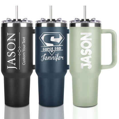 Made in USA - Personalized Tumbler 40oz with Handle and Straw - Custom Stainless Steel Travel Coffee Cup with Engraved Name Text - Personalized Birthday Gifts for Her, Mom, Friends (BLCAK-Men)