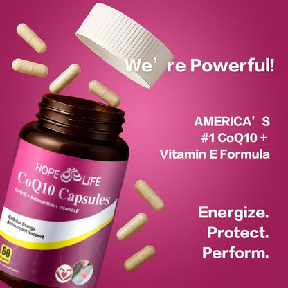 HOPE LIFE Coenzyme Q10 Supplements - 2X Better Absorption, Cellular Energy Support with Astaxanthin and Vitamin E, Antioxidant for Heart Health & Energy Production, 1 Month Supply, 60 Capsules