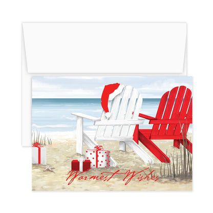 Masterpiece Beach Chairs Cards / 16 Warmest Wishes Coastal Holiday Card Set With Red Foil And White Envelopes / 5 5/8" x 7 7/8" Tropical Vacation Greeting Cards With Meaningful Inside Verse