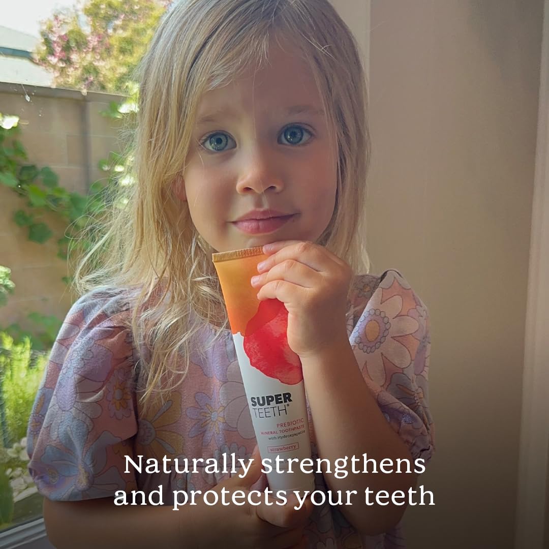 SuperTeeth Prebiotic Mineral Toothpaste for Adults and Kids | Antiplaque | Hydroxyapatite | Fluoride Free | SLS Free | Remineralizing | Oral Care | Made in USA | Strawberry