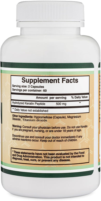 Keratin Hair Growth Vitamin (500mg per Serving, 120 Pills) Keratin Hair Treatment for Men and Women (Vital Protein for Hair, Skin, and Nails) Vitaminas para El Cabello, Vegan Safe by Double Wood