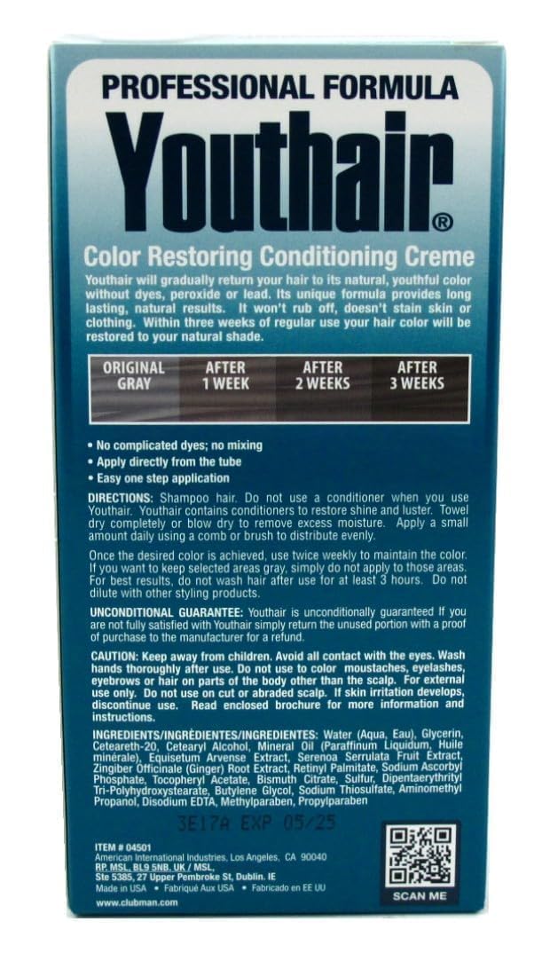 Youthair Crème – Hair Color Restoring Conditioning Formula for Gray Hair Coverage, Made in USA, 3.75 oz