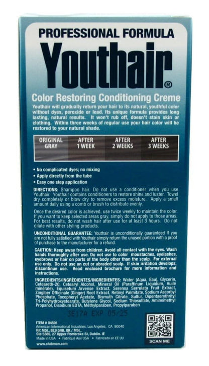 Youthair Crème – Hair Color Restoring Conditioning Formula for Gray Hair Coverage, Made in USA, 3.75 oz