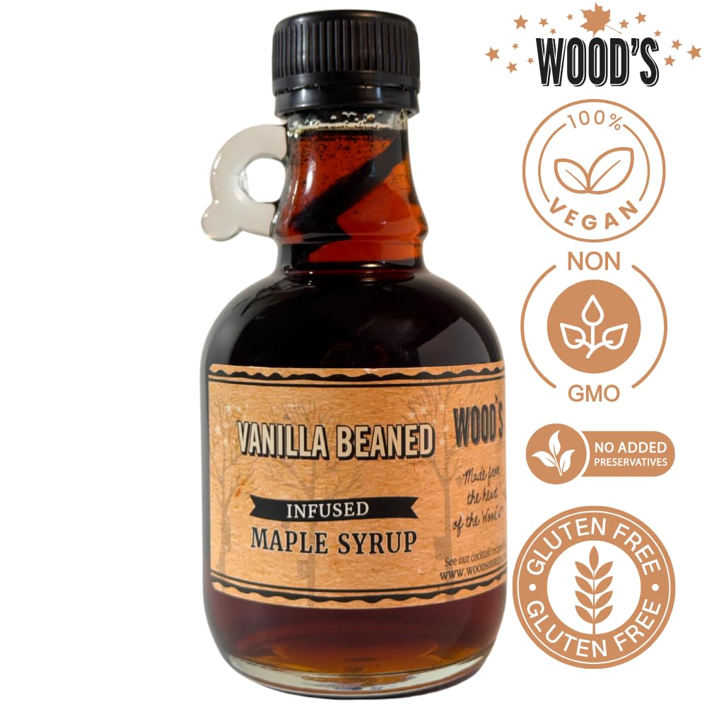 WOOD'S Vanilla Beaned Maple Syrup – Infused Vermont Maple Syrup with Real Vanilla Bean Pod | Smooth, Rich, All-Natural & Vegan Sweetener | Perfect for Breakfast, Baking, Seafood, Popcorn & More | 8.45 Fl Oz (250mL)