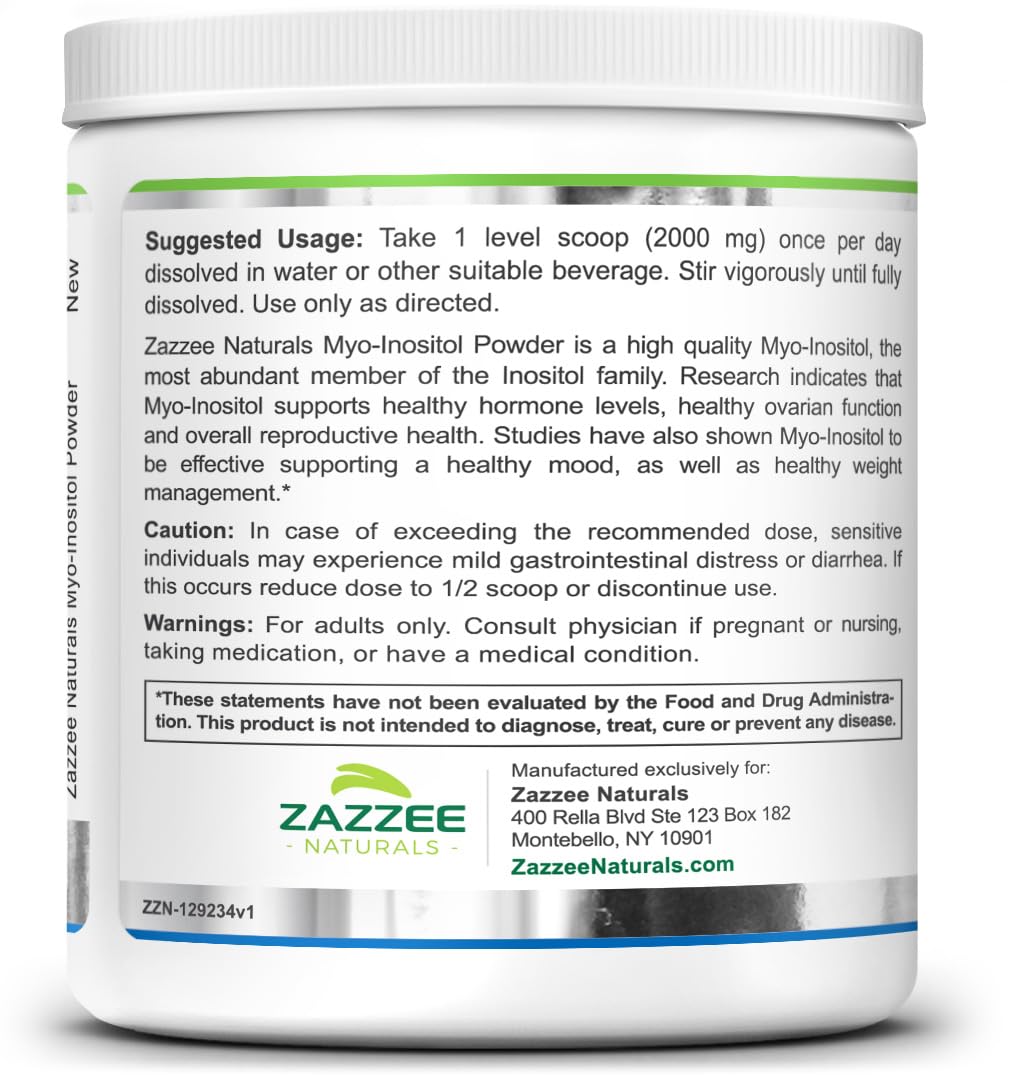 Zazzee Myo-Inositol Powder, 6 Month Supply, 183 Servings, 2000 mg per Serving, Free Scoop for Exact Dosage, 12.91 Ounces, 100% Pure, All-Natural Fertility and Reproductive Support, Vegan, Non-GMO