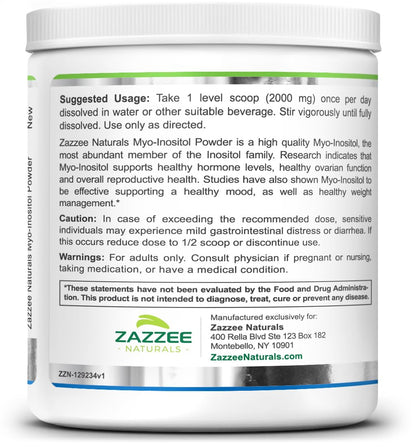 Zazzee Myo-Inositol Powder, 6 Month Supply, 183 Servings, 2000 mg per Serving, Free Scoop for Exact Dosage, 12.91 Ounces, 100% Pure, All-Natural Fertility and Reproductive Support, Vegan, Non-GMO