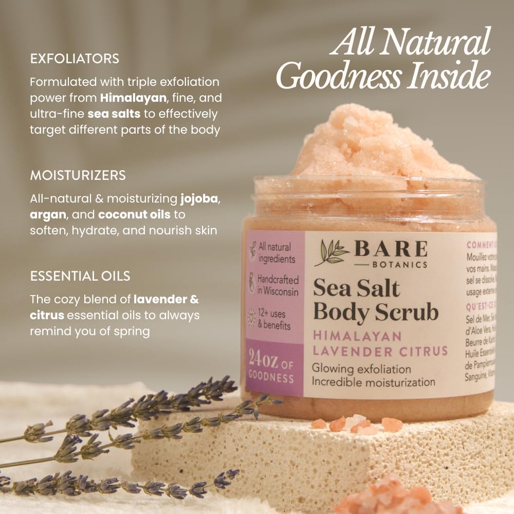 Bare Botanics Lavender Citrus Body Scrub 24oz | Made in Madison, WI | All Natural Himalayan Salt Exfoliator Skin Loving Moisturizers | Vegan & Cruelty Free | Gift Ready Packaging w/a Cute Wooden Spoon